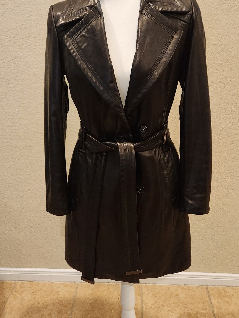 Classic Black Leather Trench Coat with Waist Belt With Thinsulate.